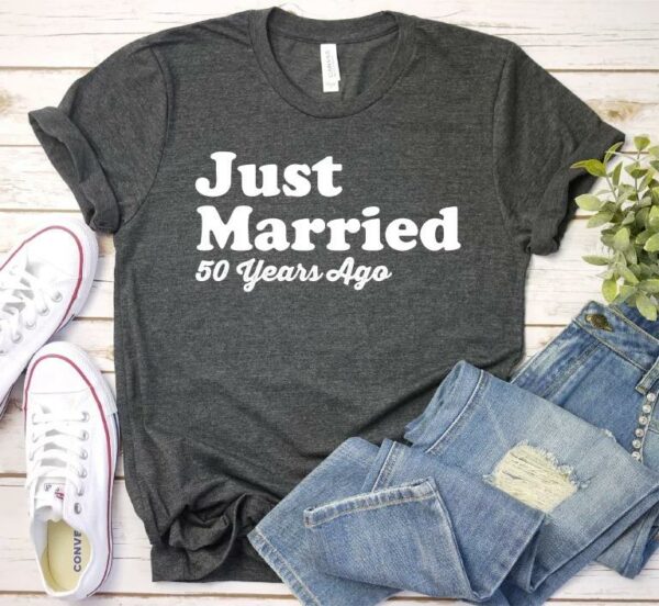 Just Married 50 Years Ago 50th Anniversary Gift T Shirt 2 768x707 1